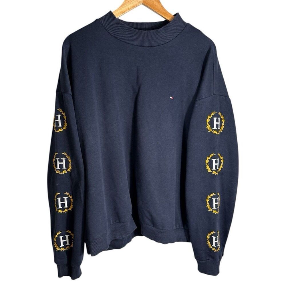 Vintage Tommy Hilfiger Sz XXL Mock Neck Sweatshirt Embroidered Laurel Wreath 90s